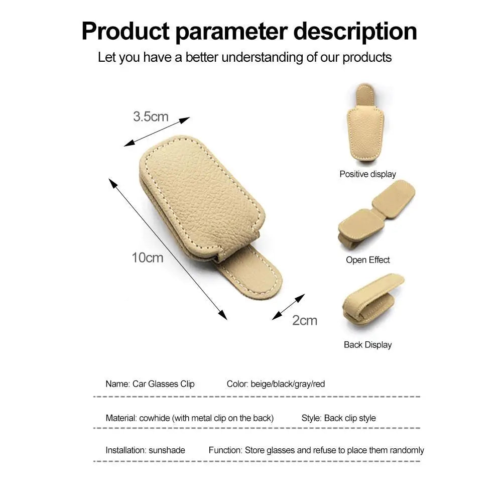 Beige car sunglasses clip holder diagram showing dimensions and clip style