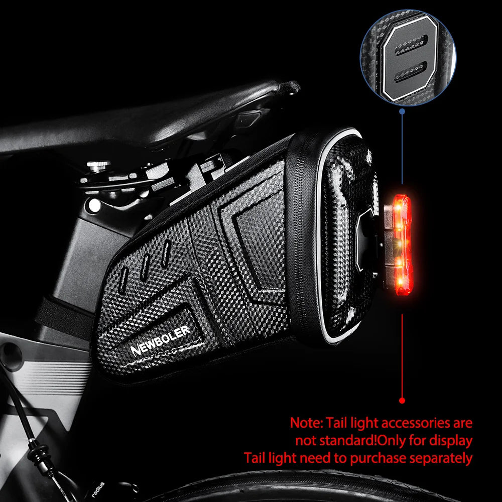 Black waterproof rear bicycle bag with reflective trim and attached red tail light mount
