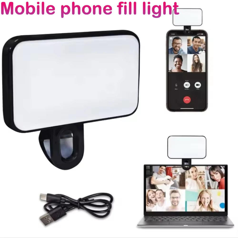 Black clip-on mobile LED fill light with bright panel