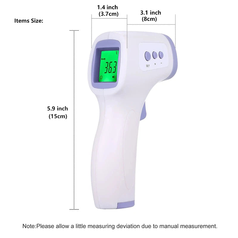 White non-contact infrared digital thermometer with green LCD display and forehead probe.