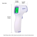 White non-contact infrared digital thermometer with green LCD display and forehead probe.