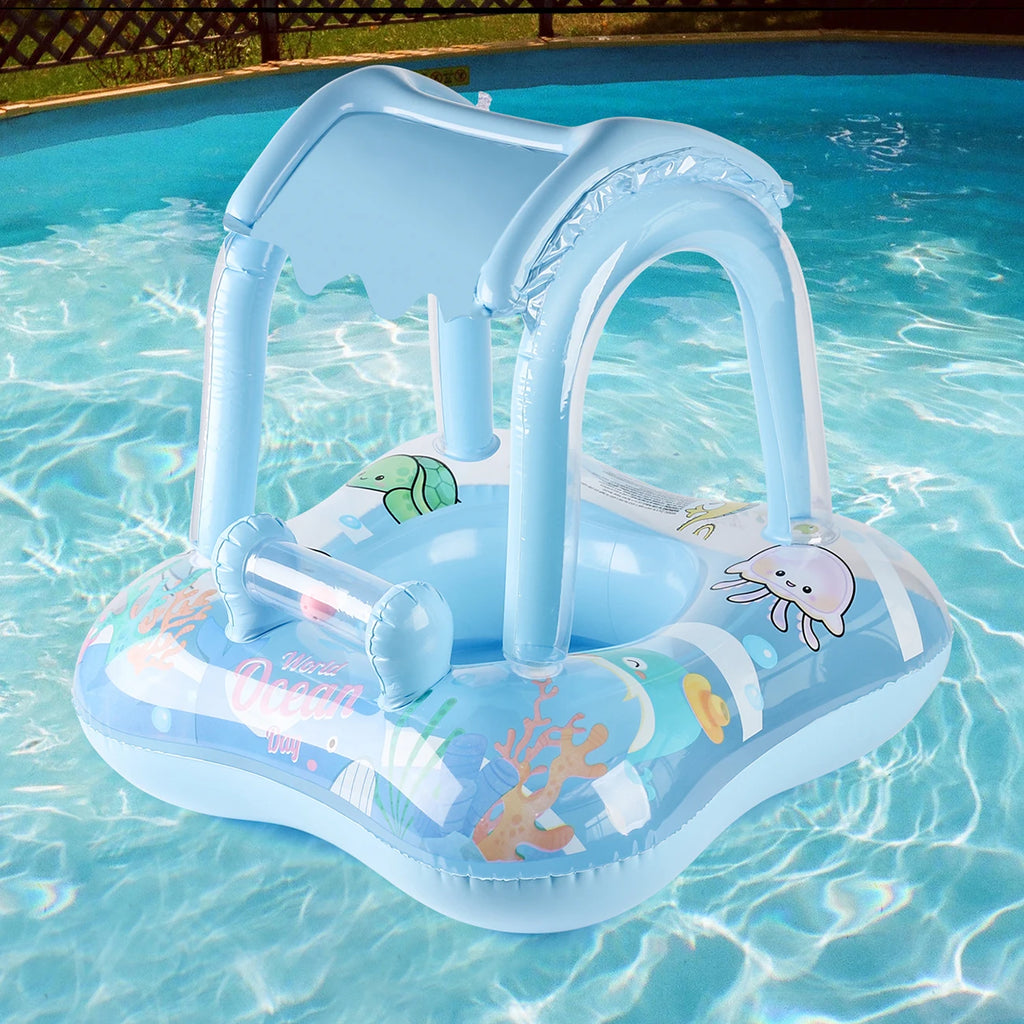 Blue inflatable toddler pool float with canopy, clear splash ring, and animal graphics