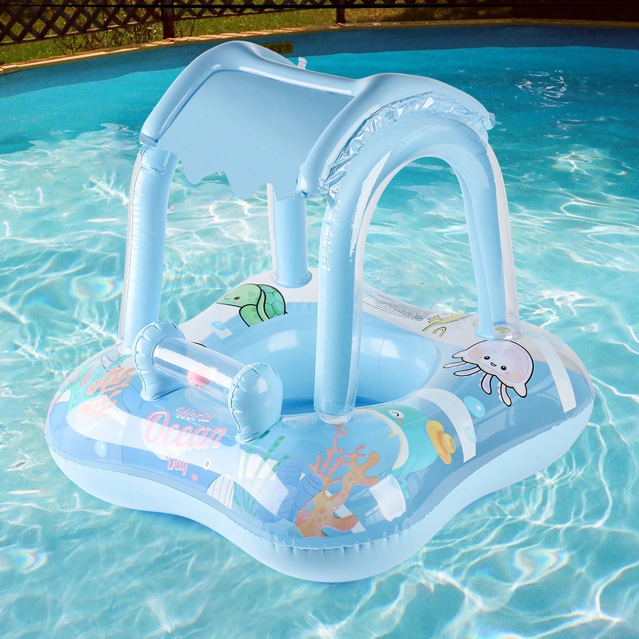 Blue inflatable toddler pool float with canopy, clear splash ring, and animal graphics