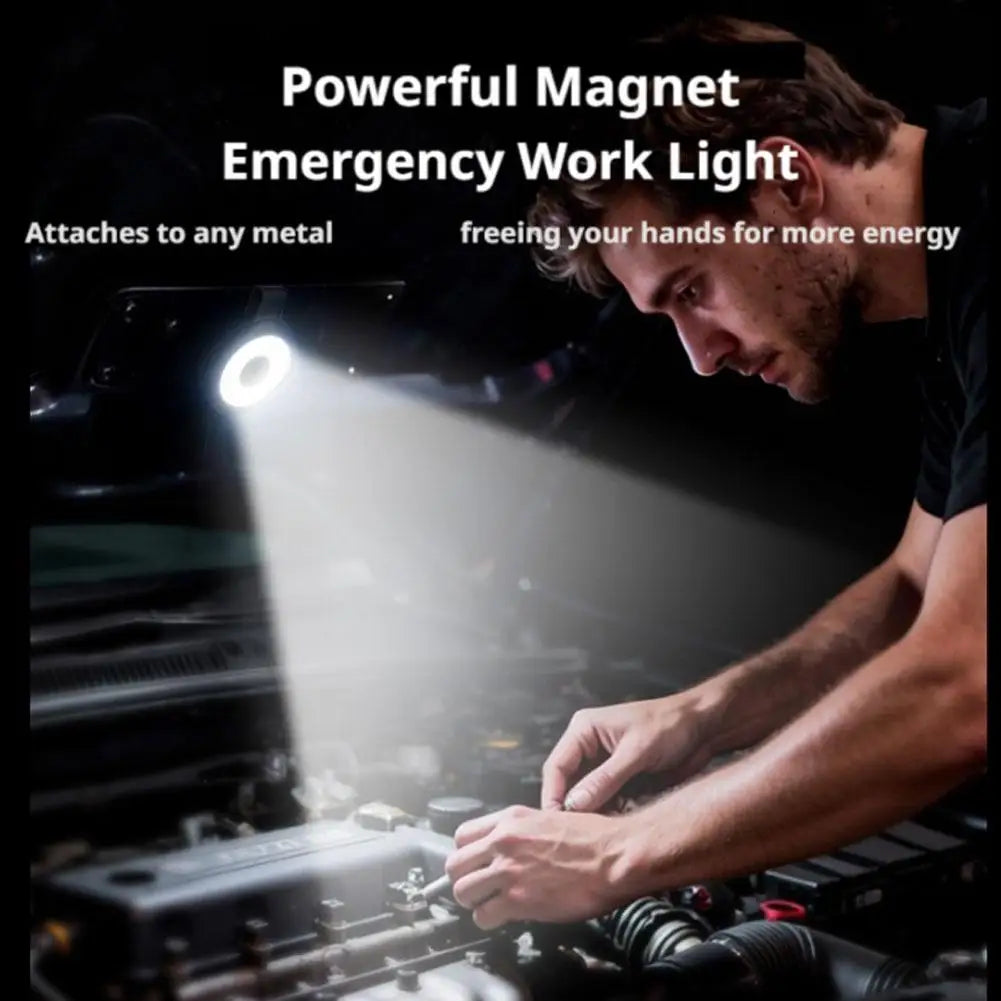 Compact magnetic work light emitting a bright beam over an engine compartment