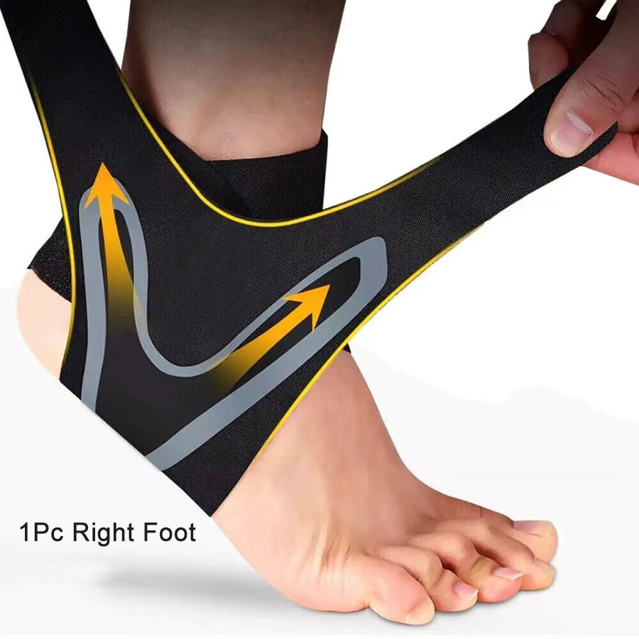 Black ankle compression sleeve with yellow trim and gray logo on right foot