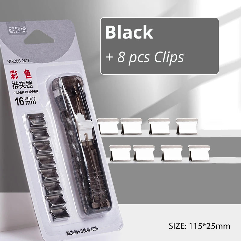 Black mini push stapler clamp with refill clips in blister package