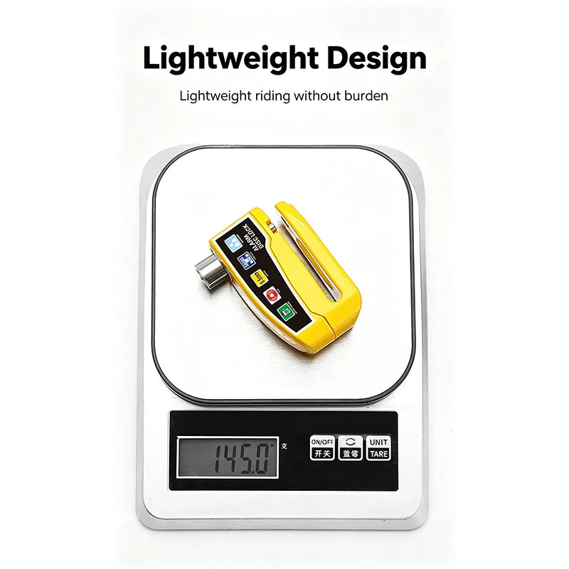 Yellow disc brake alarm lock shown for weight on a digital scale, lightweight design