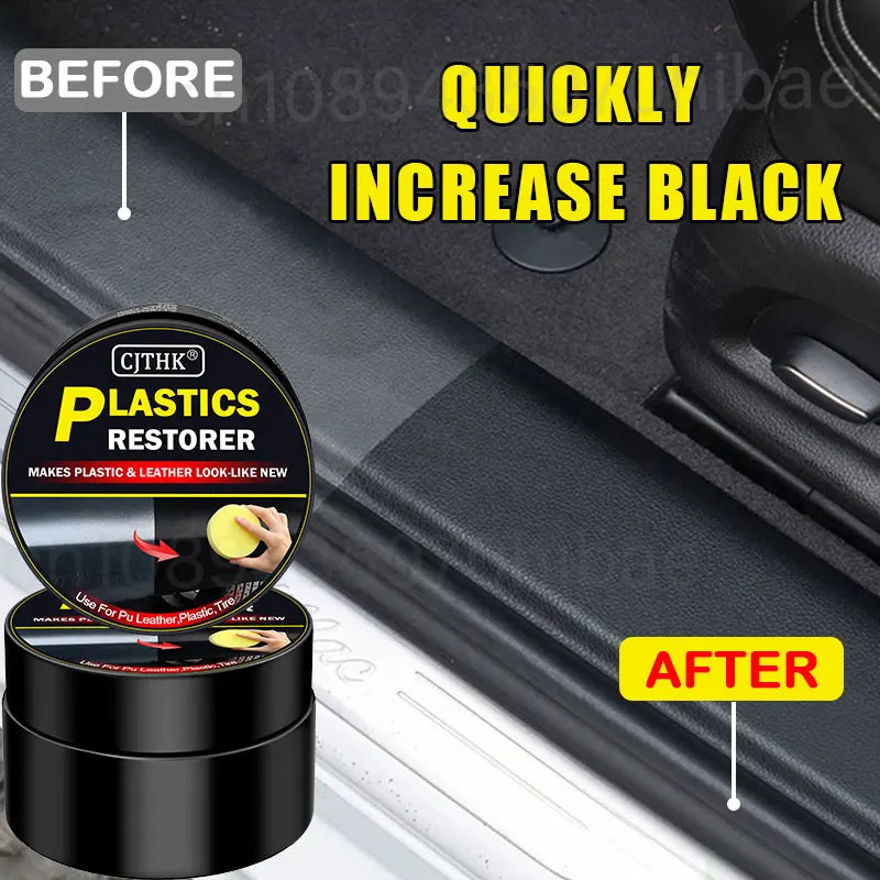 Car plastic restorer jar and yellow sponge applicator for deep black