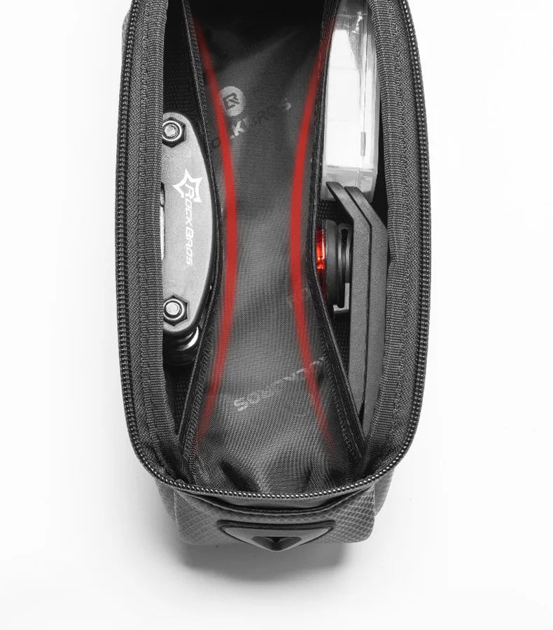 Black interior view of waterproof bicycle phone bag with storage compartments
