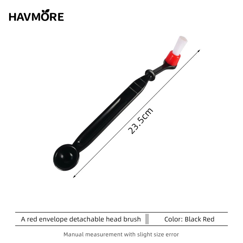 Black coffee cleaning brush with white bristles and red detachable head, 23.5 cm