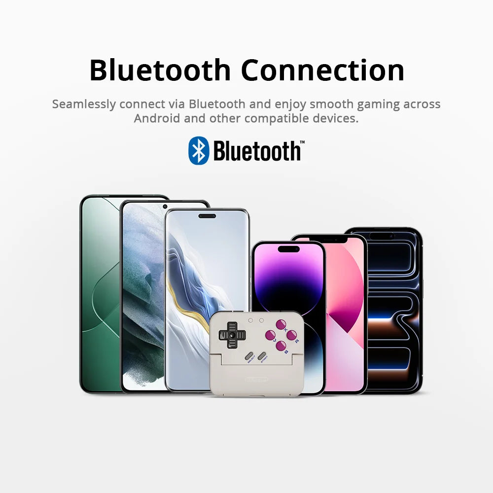 Cream Pocket Taco vertical controller with D-pad and purple buttons, shown with Bluetooth-connected phones