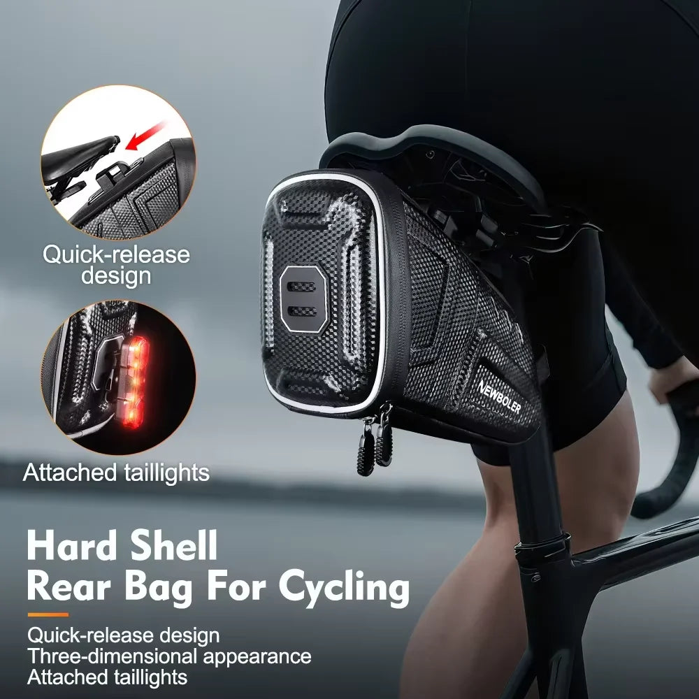 Waterproof rear bicycle saddle bag with attached tail lights and textured reflective panels