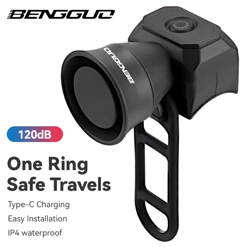 Black bicycle horn device with handlebar mount, one-ring sound speaker