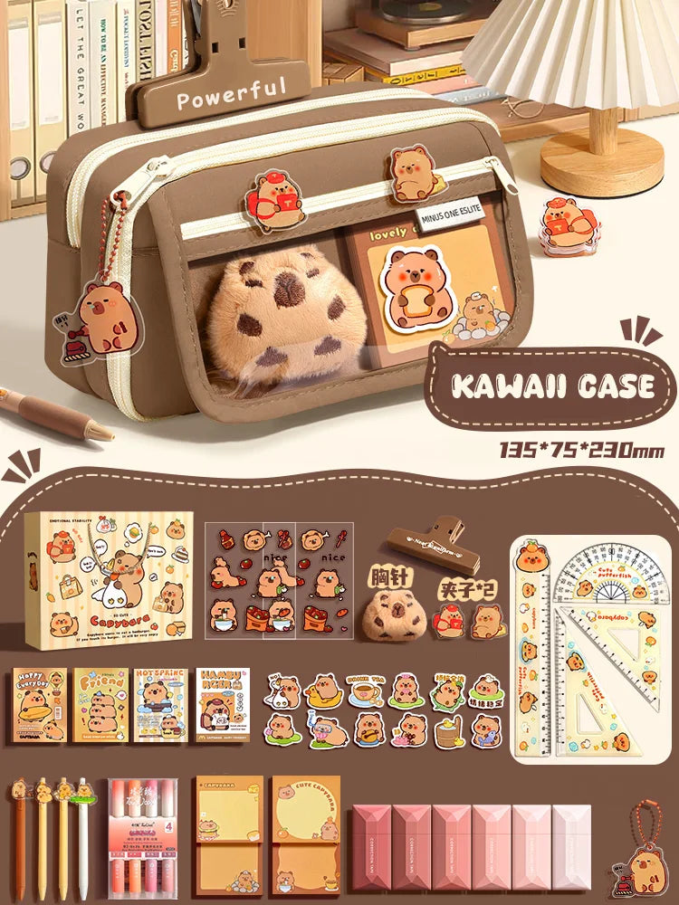Beige fabric pencil case with zipper, animal patches, and panda plush front window