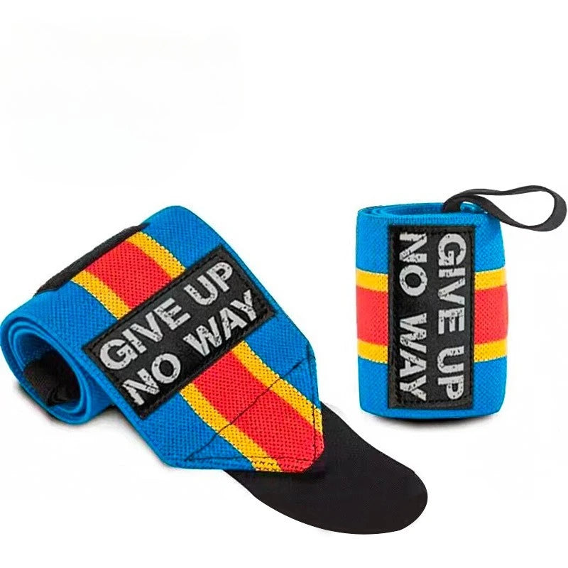 Wrist support brace wraps 2-pack, blue with red and yellow stripes and "GIVE UP NO WAY" text.