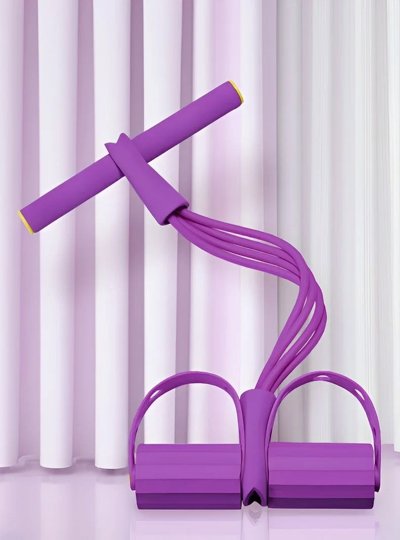 Purple four-tube pedal tensioner with two foot pedals and braided elastic hose