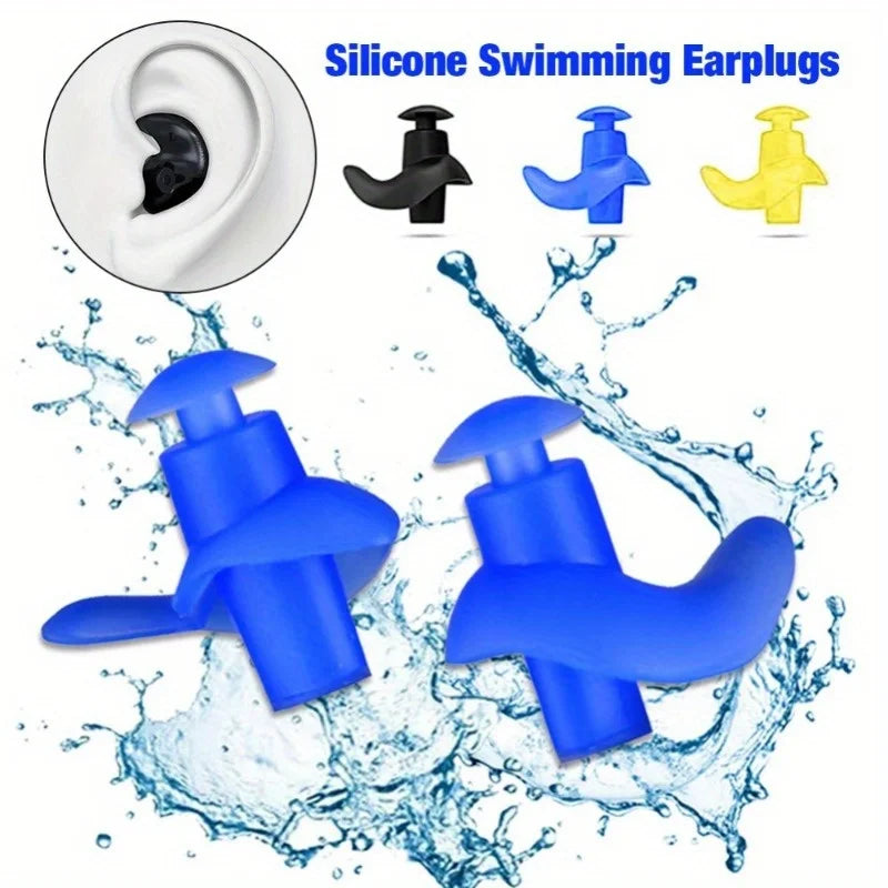 Reusable silicone swimming earplugs with illustrated fit and blue splash background