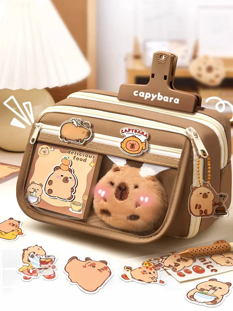 Capybara pencil pouch with transparent front pocket, beige and brown zipper case
