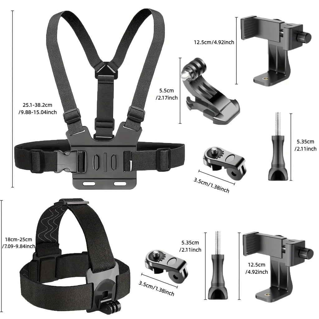 Adjustable black chest strap harness mount with clip and screw accessories