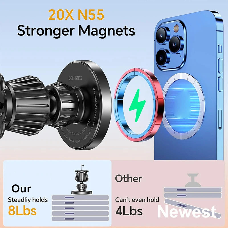 Black magnetic wireless car phone charger with strong magnet disc and phone mounting