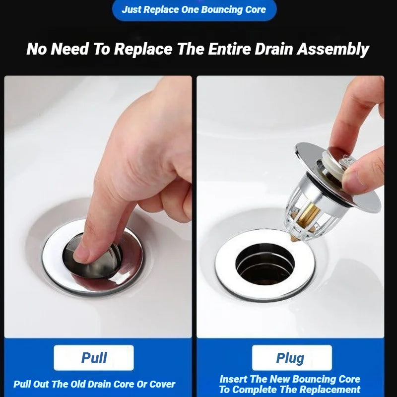 Chrome pop-up drain stopper core with hand pressing center cover