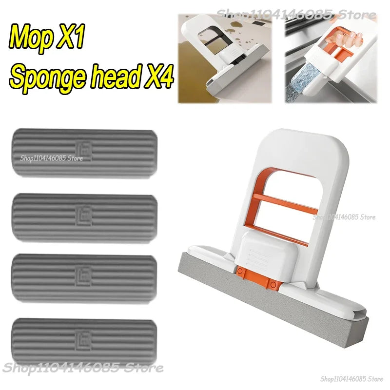 Foldable desktop sponge mop with orange handle and four gray replacement heads