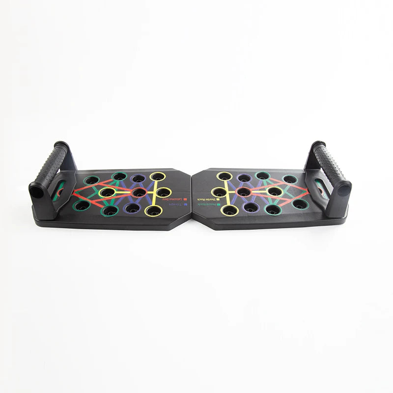 Foldable push-up board set open flat on black platforms with multi-ring grips