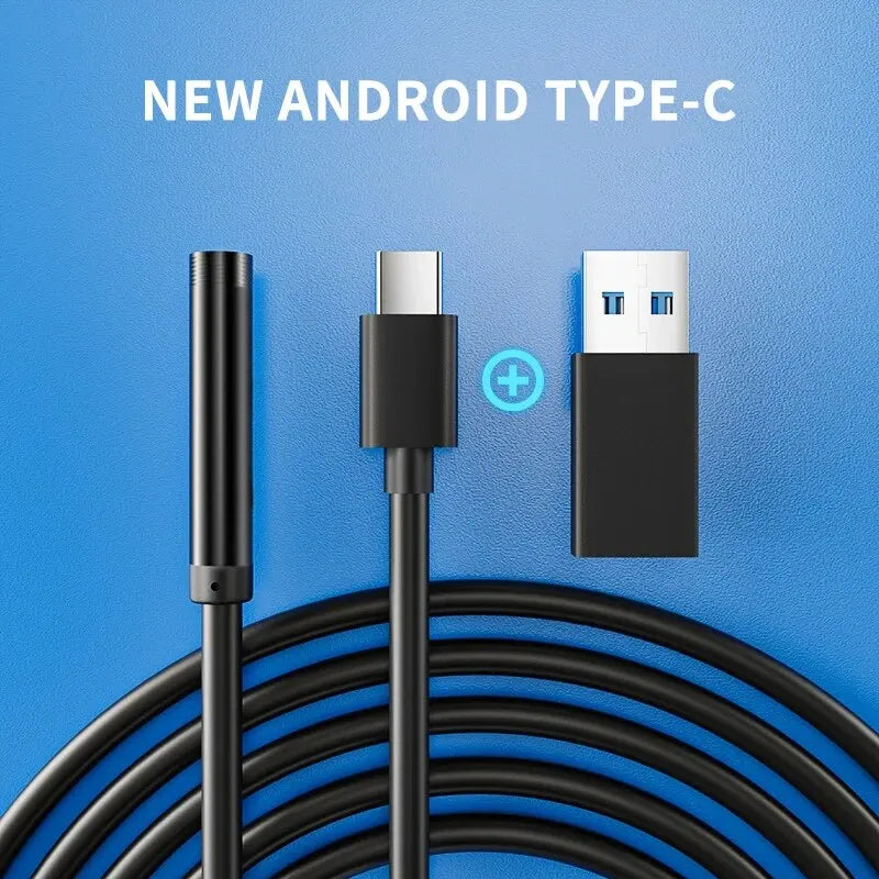 TYPE-C adapter endoscope camera with USB-C connector, black cable and ports