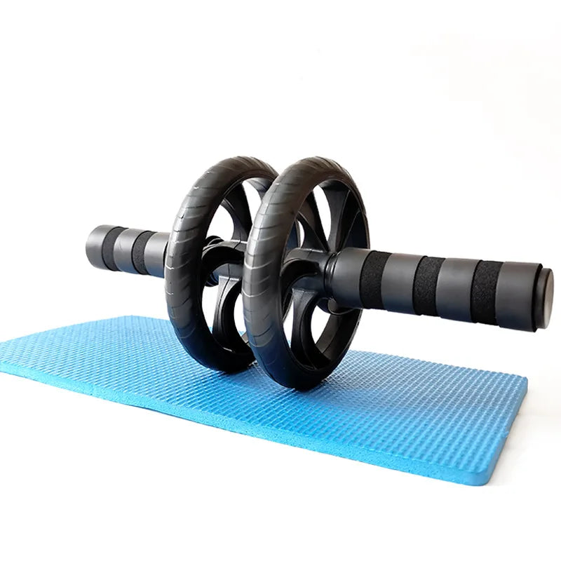 Dual-wheel abdominal roller with black wheels and ribbed foam handles
