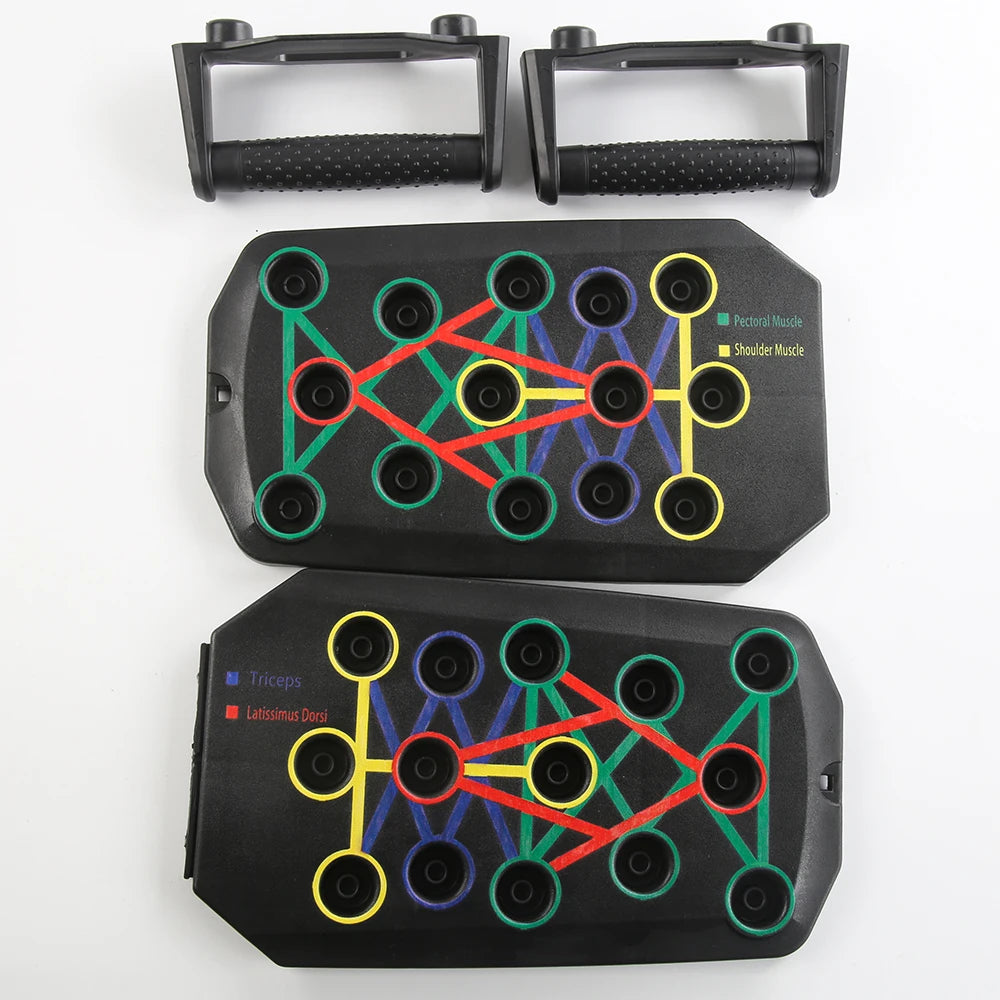 Foldable push-up board set showing top plates with colorful exercise ring labels