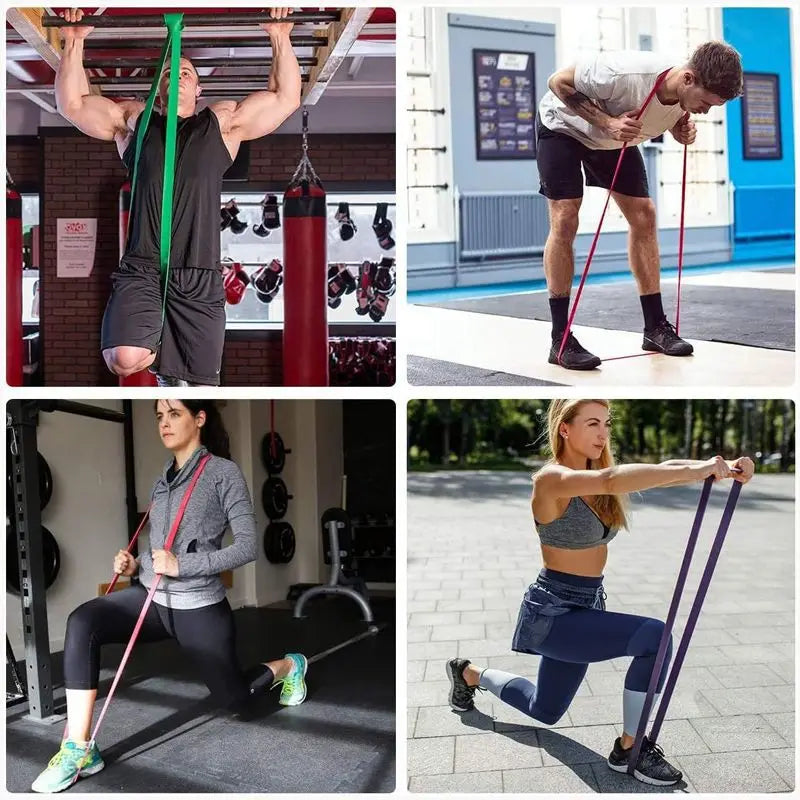 Resistance loop bands used for arm, squat, and lunge exercises in green, pink, and purple
