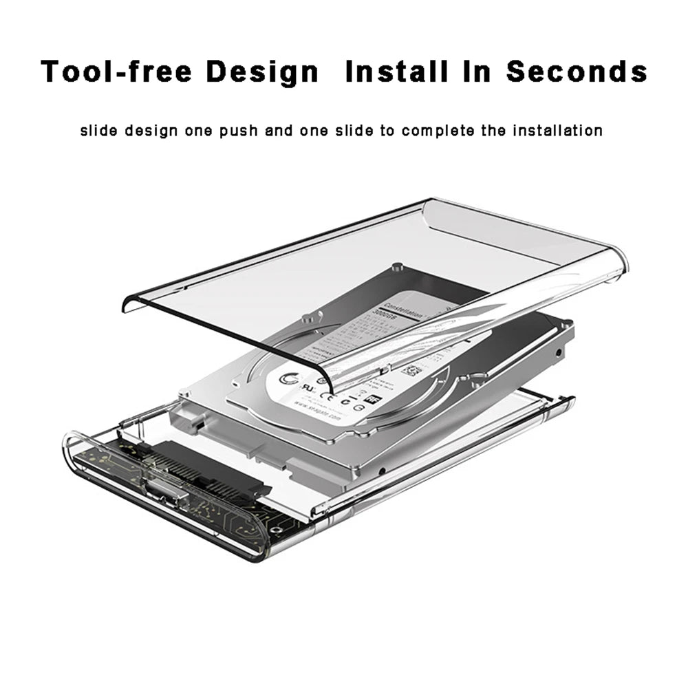 2.5-inch USB 3.0 HDD enclosure with open transparent cover and SATA connector bay