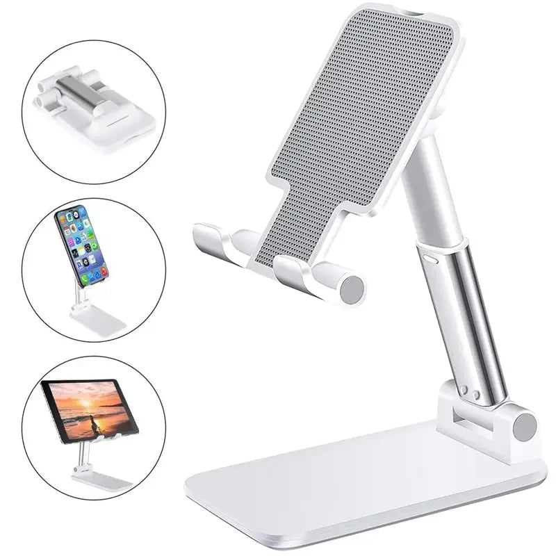 Adjustable phone or tablet stand with textured grip back and wide desk base