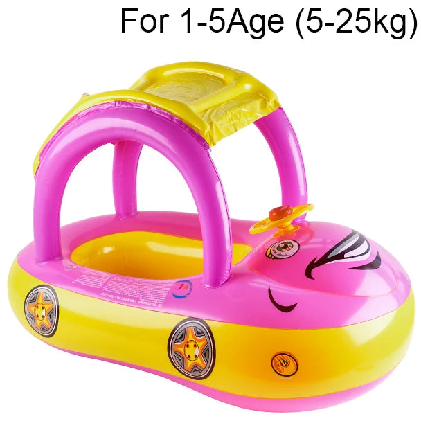 Pink and yellow inflatable car-shaped pool float with purple handle arch and steering ring