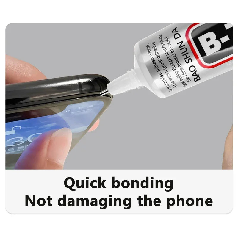 Precision glue nozzle applying clear adhesive to phone screen edge for quick bonding