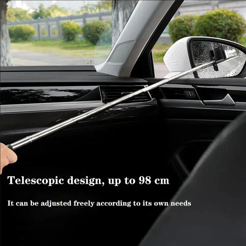 Telescopic car side mirror wiper with long silver shaft and black foam handle