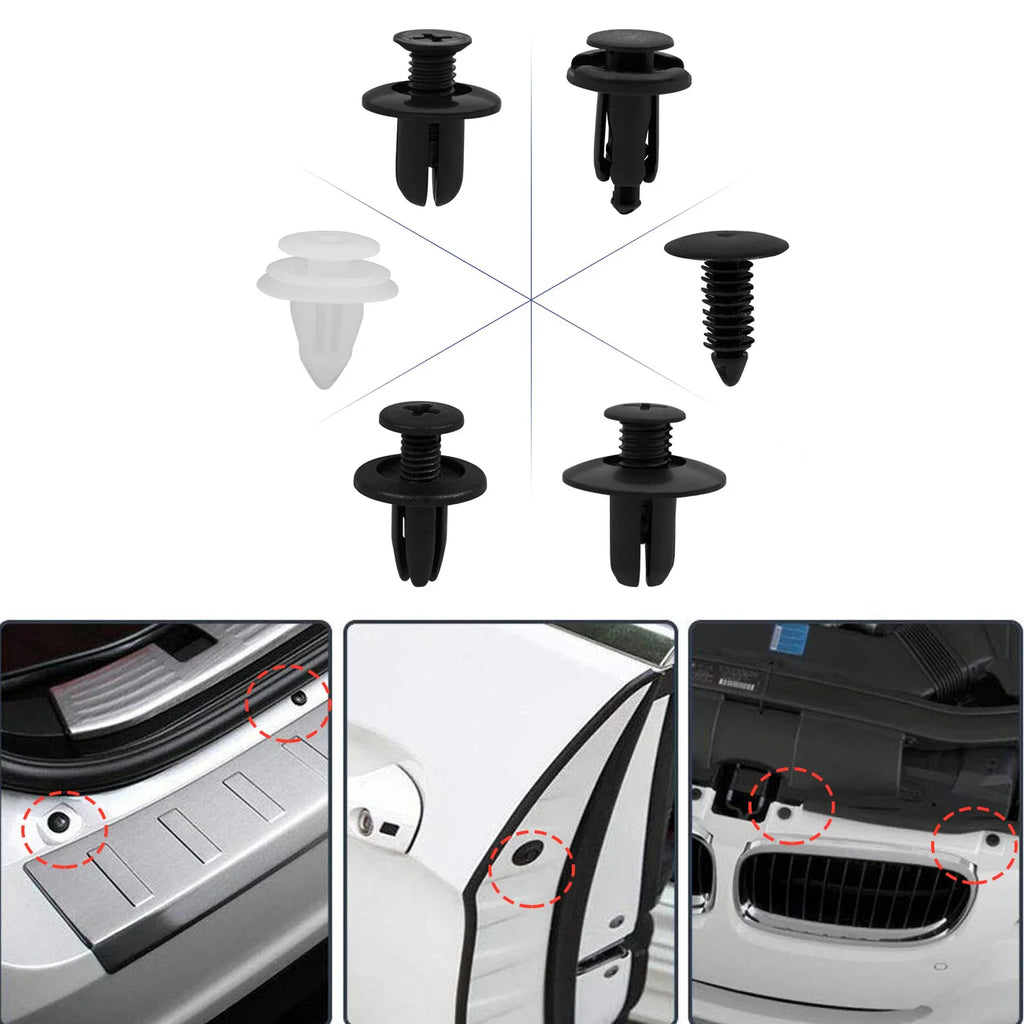Auto push retainer clips set with black and white fasteners, close-up pieces