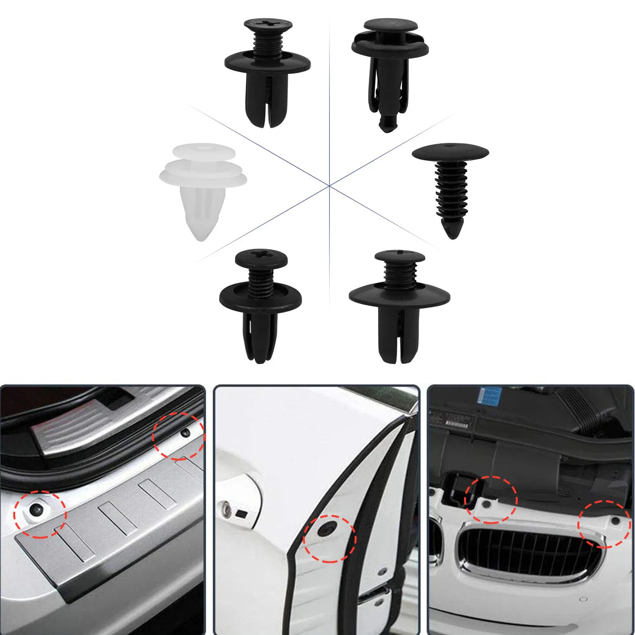 Auto push retainer clips set with black and white fasteners, close-up pieces