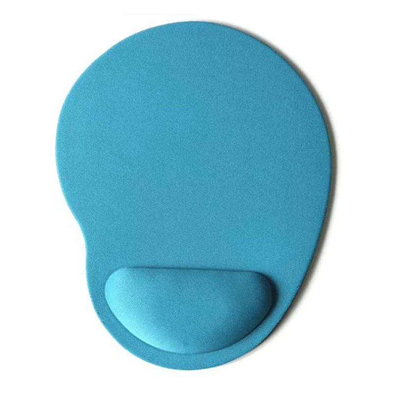 Teal mouse pad with wrist rest, rounded shape with padded center groove