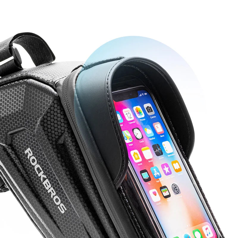 Black bicycle phone bag with touch-screen window showing smartphone display