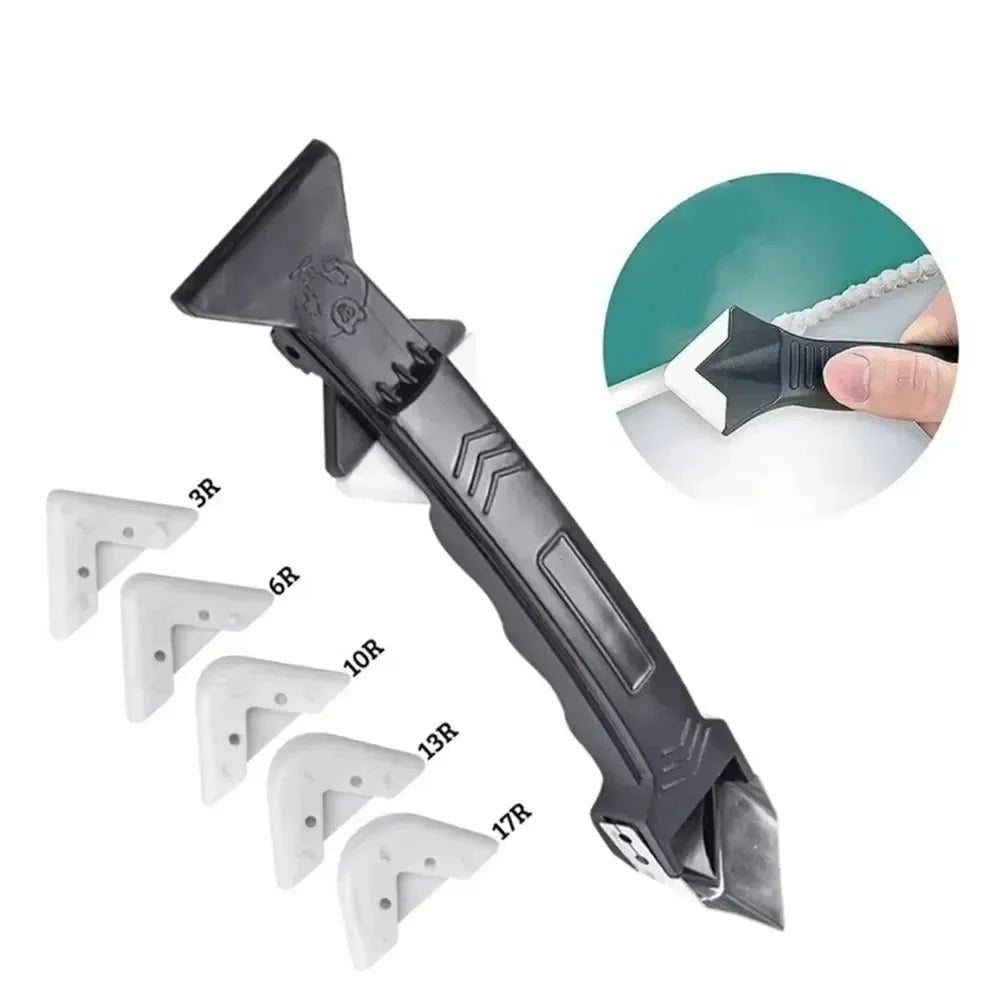 Multifunction scraper with black handle and multiple replaceable angled blade heads