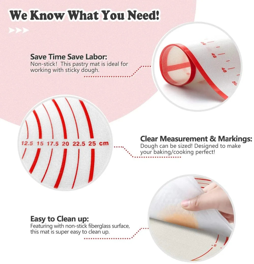 Rolled silicone baking mat with red measuring circles and markings