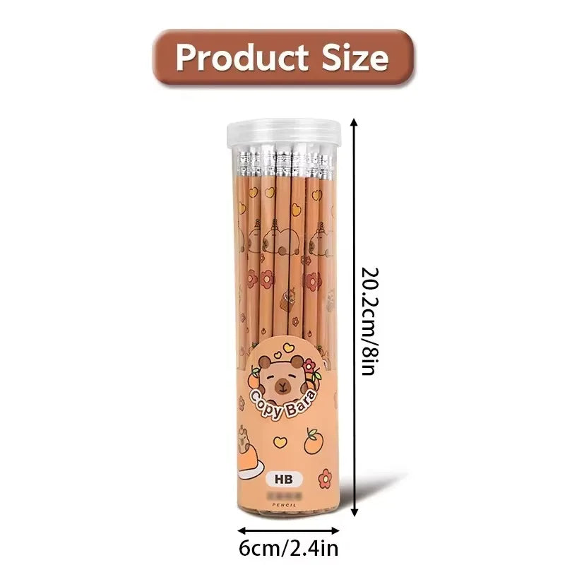 Capybara cartoon HB pencil set in clear plastic tube, product size shown
