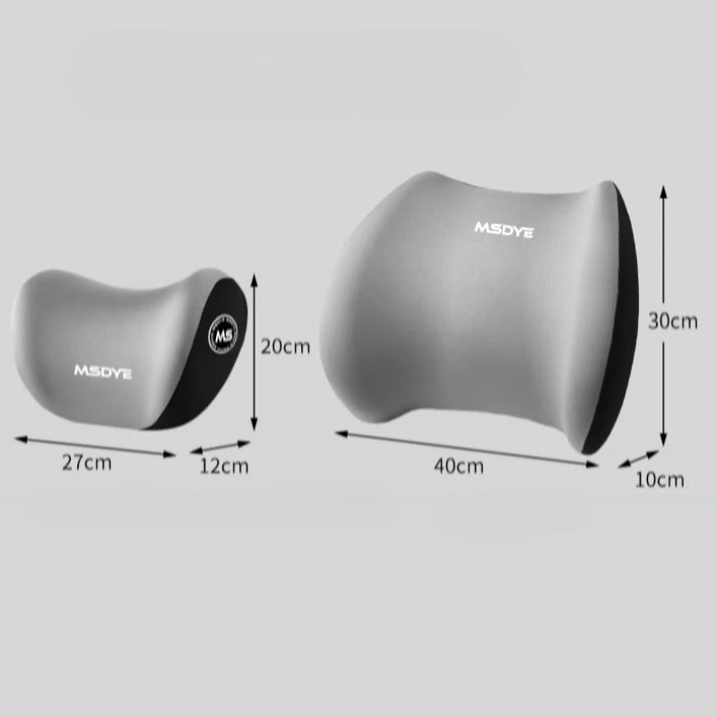 Grey memory-foam headrest and lumbar support pillows with dimension guides