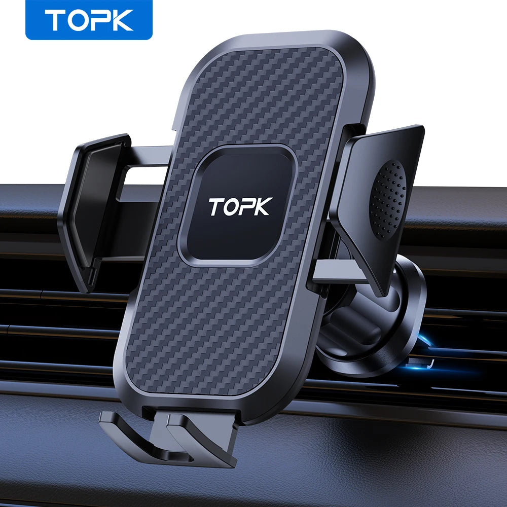 Black car air vent phone holder with carbon-fiber style faceplate and grip pads