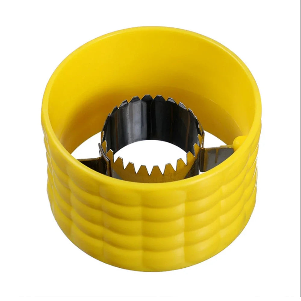 Yellow corn cob stripper tool with circular serrated blade inside holder