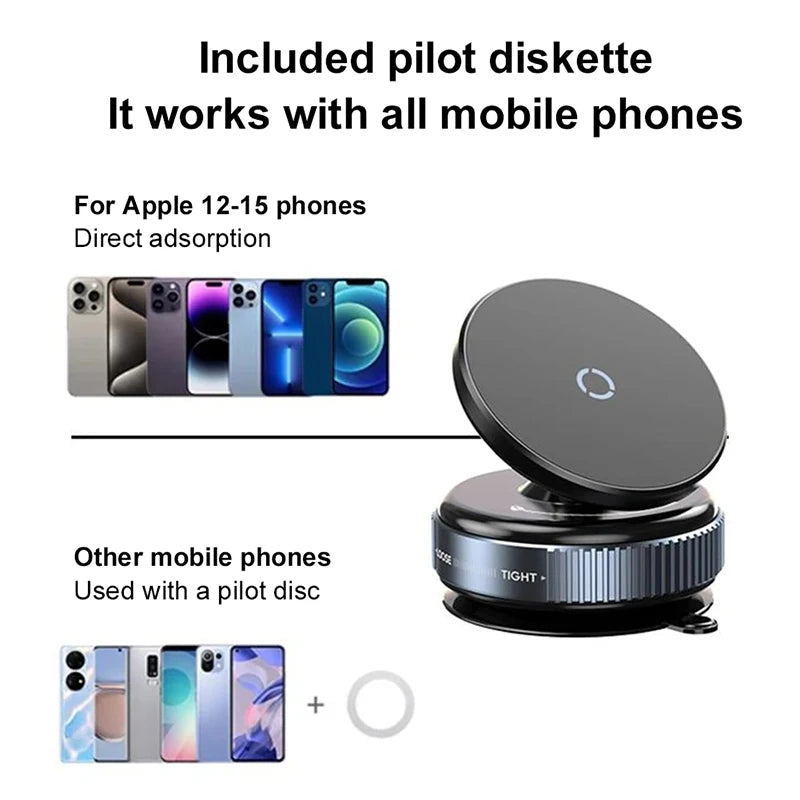 Magnetic phone holder with round gray disk and vacuum suction base