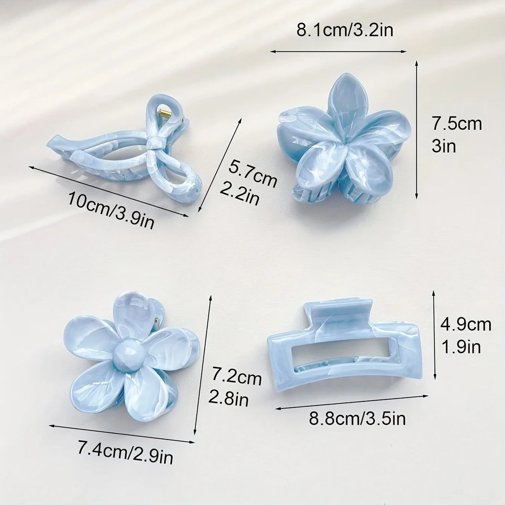Light blue hair clip set: flower claw, bow tie clip, and rectangular claw clips