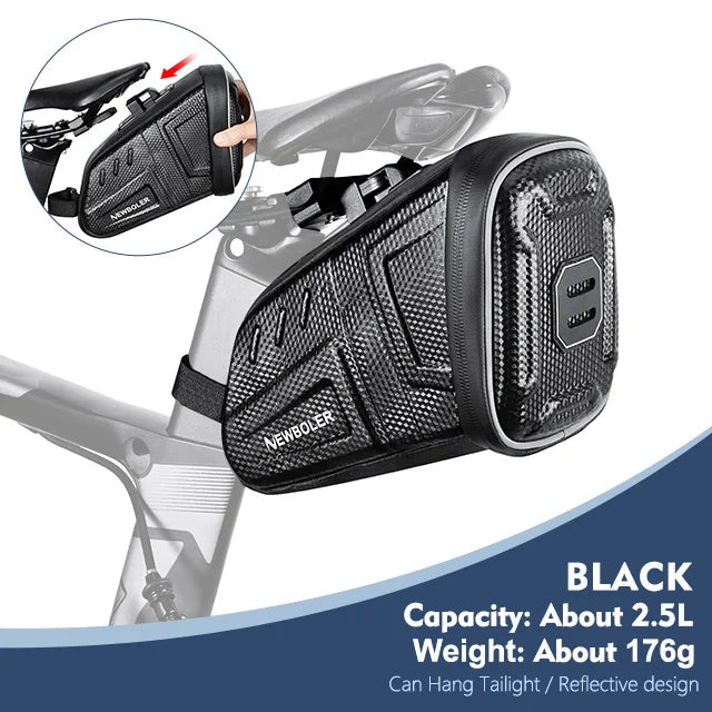 Waterproof black saddle tool bag with reflective stripes and zipper, mounted on bike seat