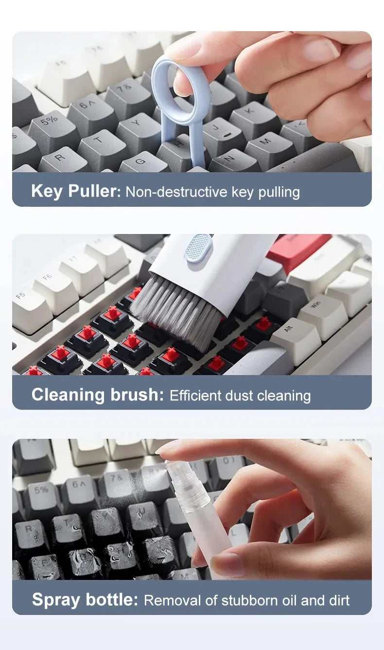 Keyboard cleaning kit showing key puller, brush cleaning, and spray bottle use